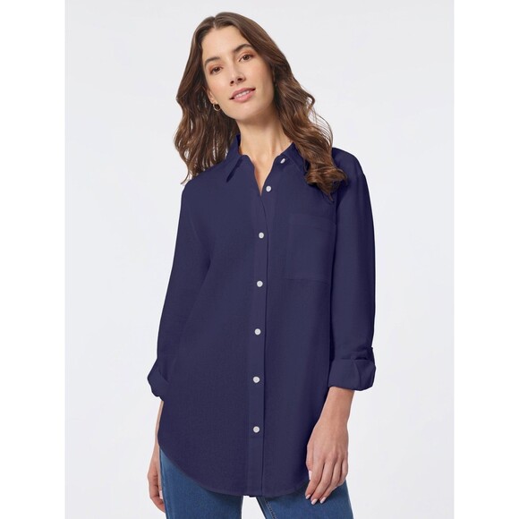 Jones New York Women's Roll-Tab Oversized Linen Shirt,  Pacific Navy XL - Picture 1 of 1